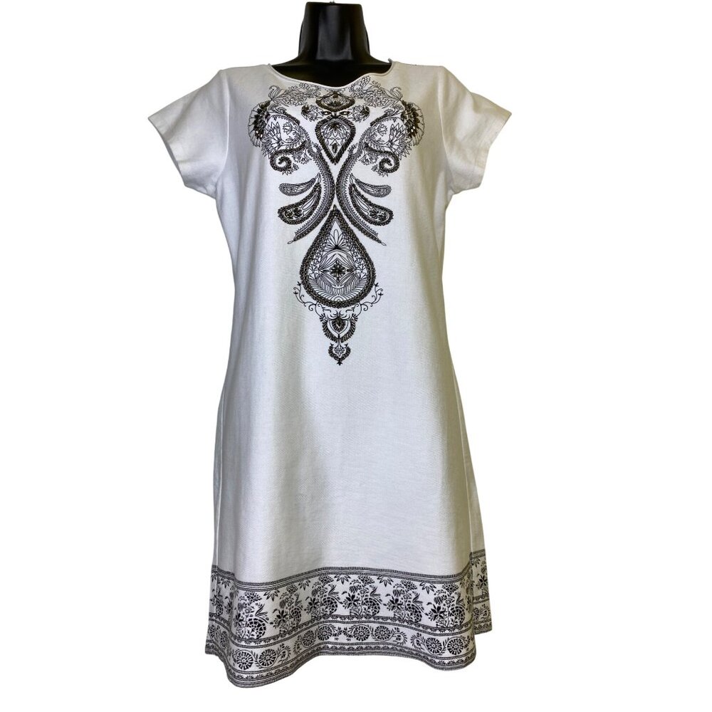Venus Beaded Black & White Short Sleeve Dress Small Boho Classic Cute Hippie Y2K